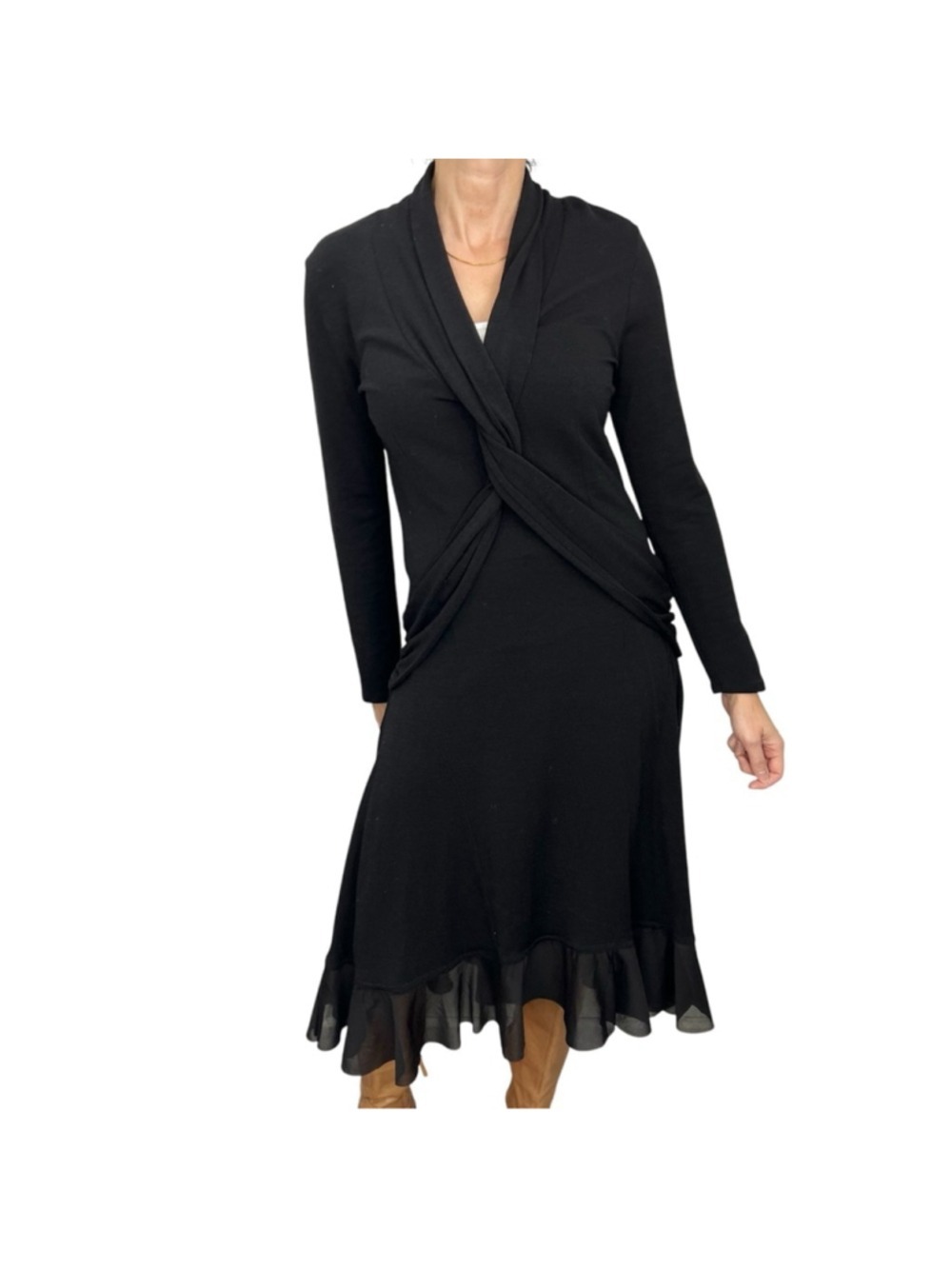 Vtg 90s NWT Tristan & Iseut black wool blend stretchy ruffle hem midi dress XL